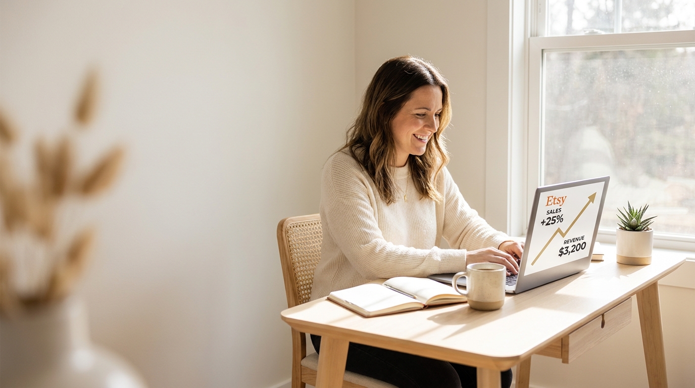 Woman solopreneur working at home office desk with rising sales dashboard on laptop — from $0 to $2,000 per month digital product business