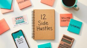 Flat lay of notebook with 12 Side Hustles surrounded by income-related items including phone payment notification and sticky notes