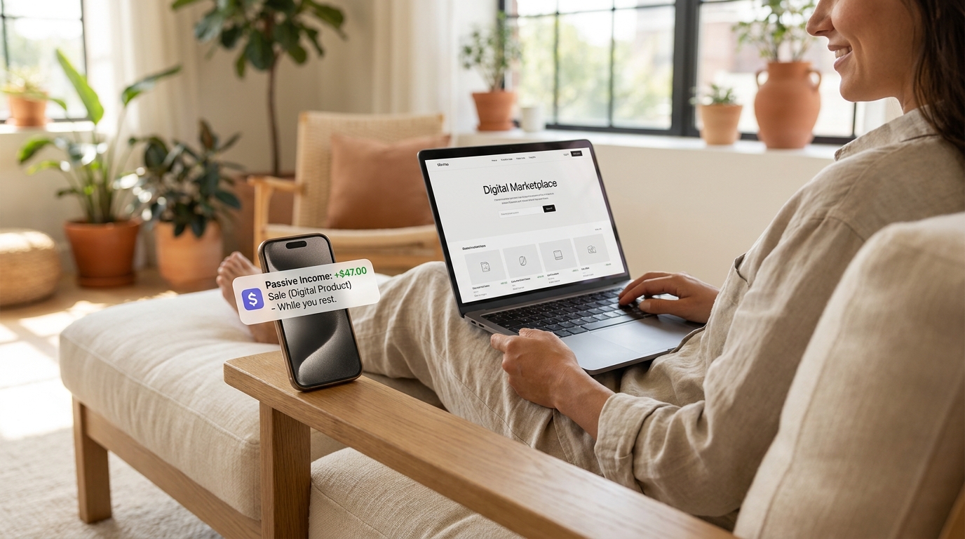 Person relaxing on sofa with laptop showing digital product storefront and passive income sale notification on phone