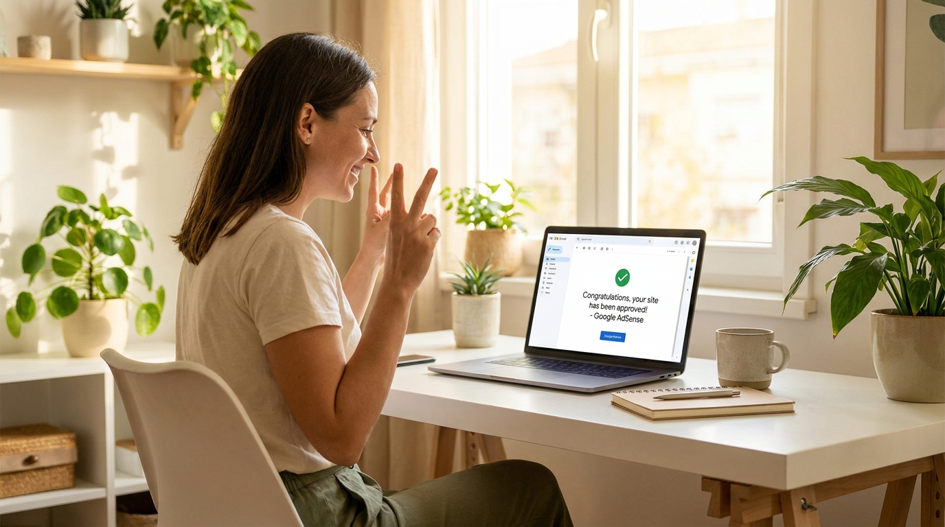 Blogger celebrating Google AdSense approval on laptop screen with congratulations message