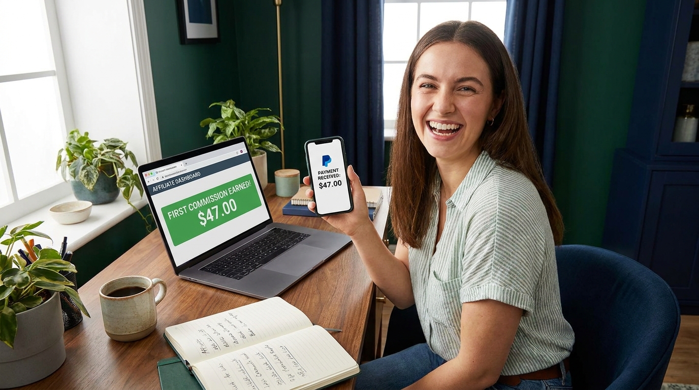 Excited woman holding phone showing $47 payment notification with laptop displaying first commission earned on affiliate dashboard