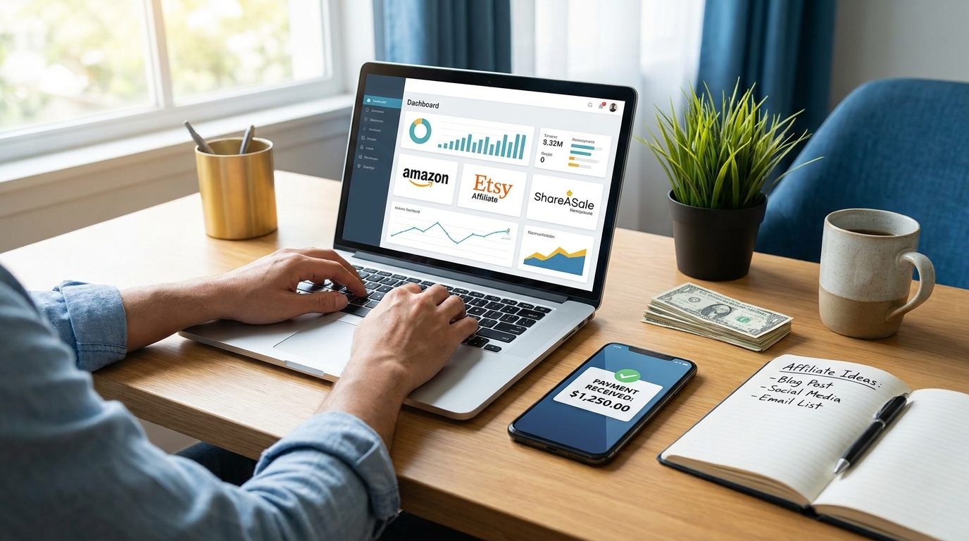 Person at desk with affiliate program dashboard showing multiple commission streams and payment notifications on laptop and phone