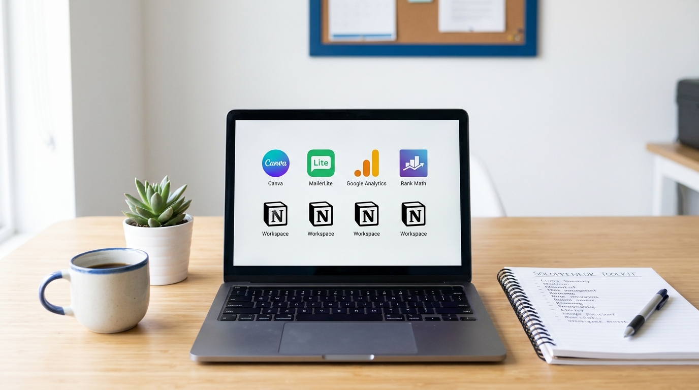 Solopreneurs minimal desk with laptop showing blogger and business tool icons including Canva MailerLite Google Analytics with tool list notebook beside it