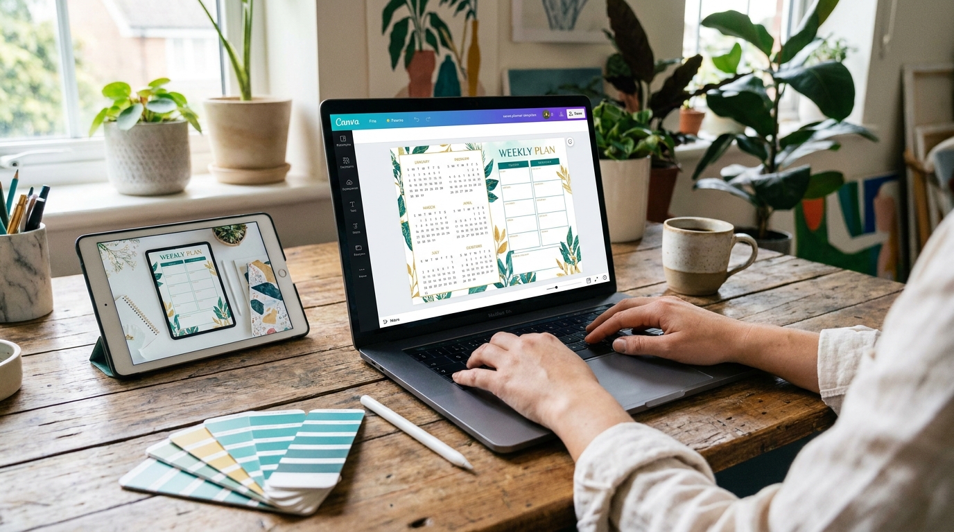 Designer's hands creating a Canva template on laptop with colour swatches and tablet showing product mockup on creative desk