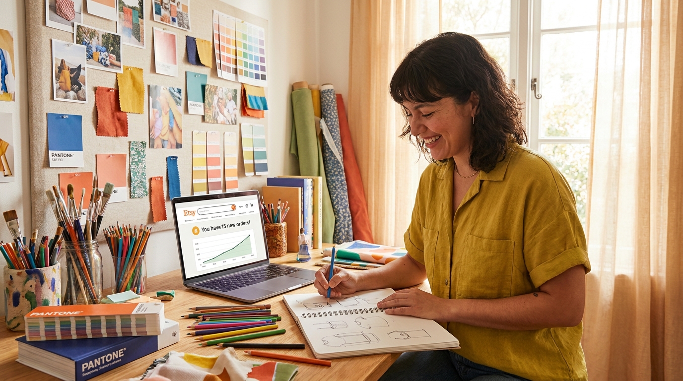 Artist entrepreneur sketching product designs in notebook with Etsy sales dashboard visible on laptop in colourful creative workspace