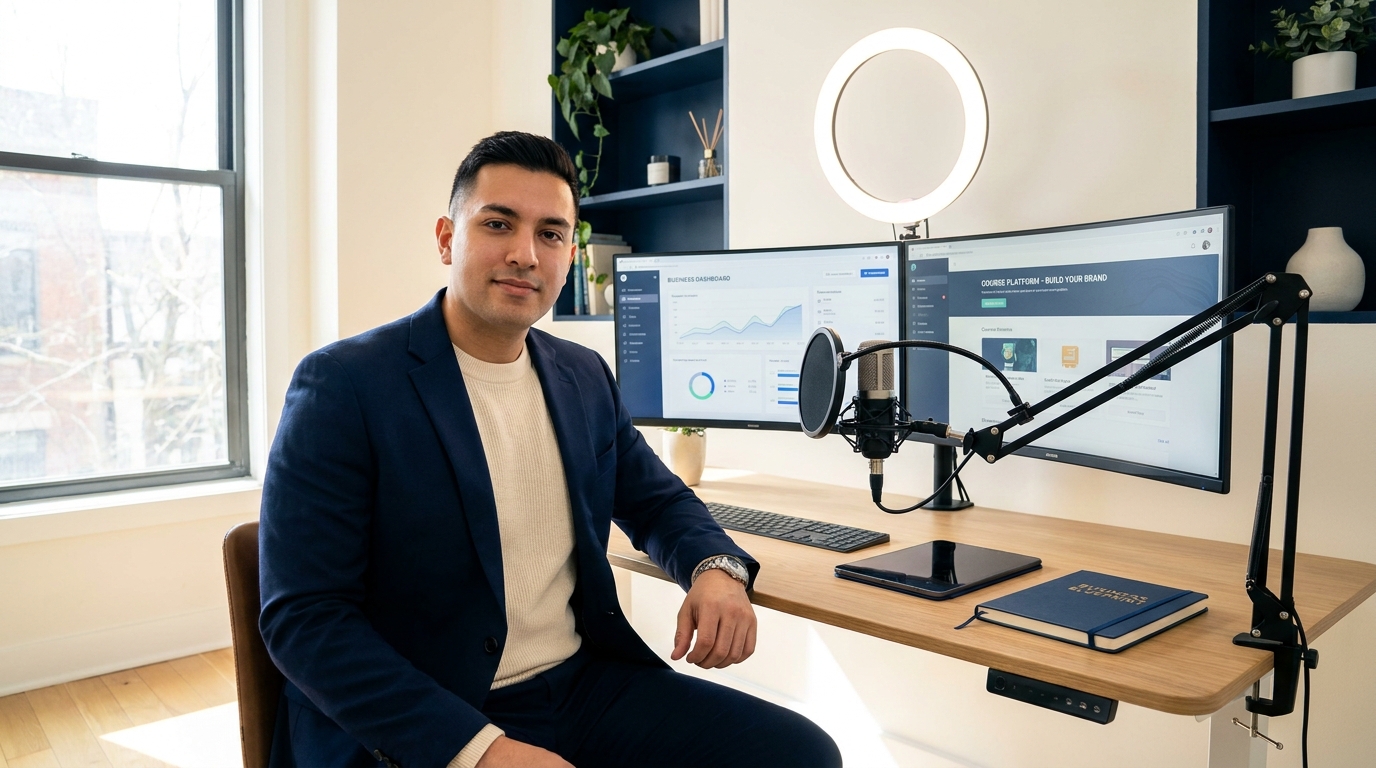 Digital creator at modern home office with dual monitors showing business dashboard and online course platform, microphone and ring light in background