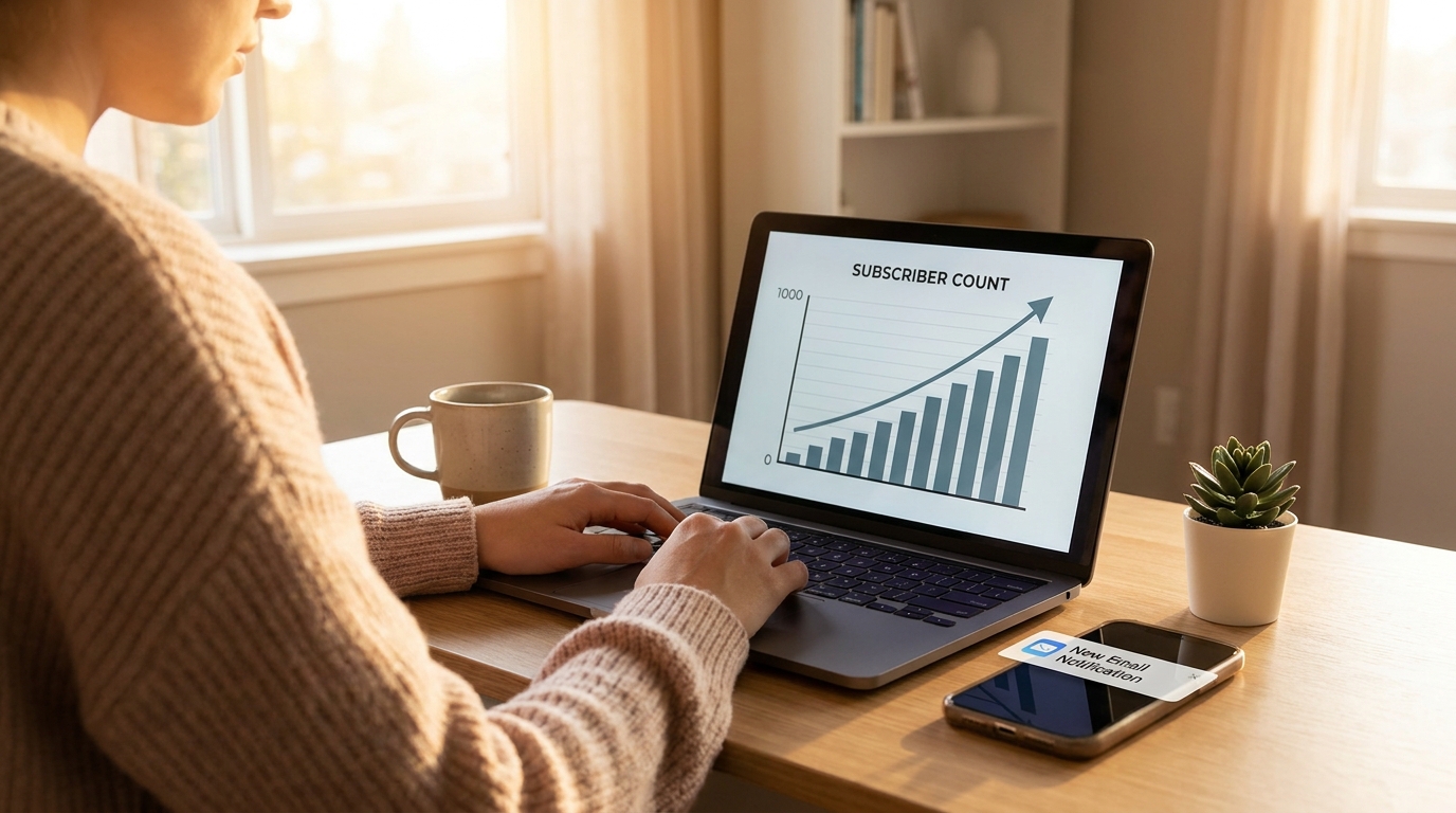 Person at desk with laptop showing email marketing dashboard with subscriber count growing from 0 to 1000