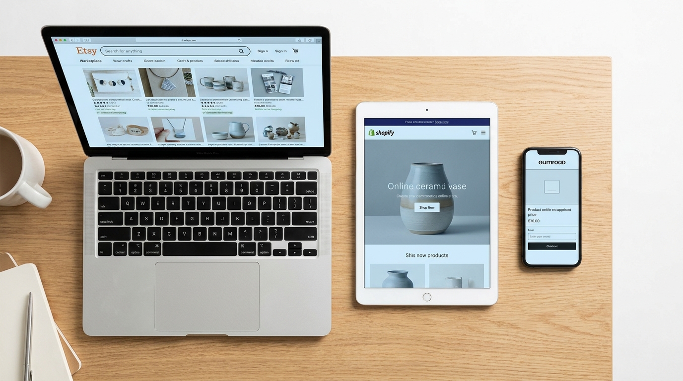 Three devices showing Etsy, Shopify, and Gumroad storefronts side by side for platform comparison