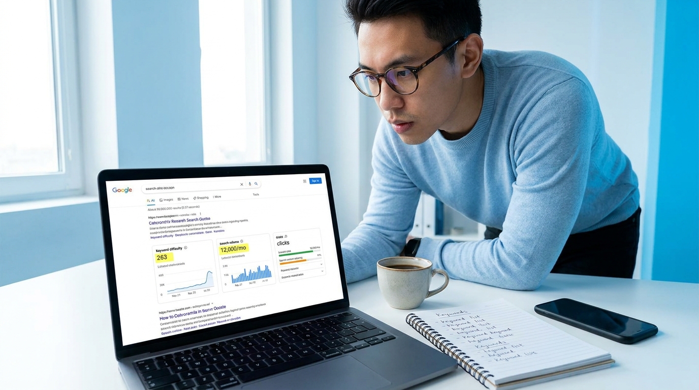 Content creator at clean desk reviewing keyword data and search volume on laptop with keyword notes written in notebook