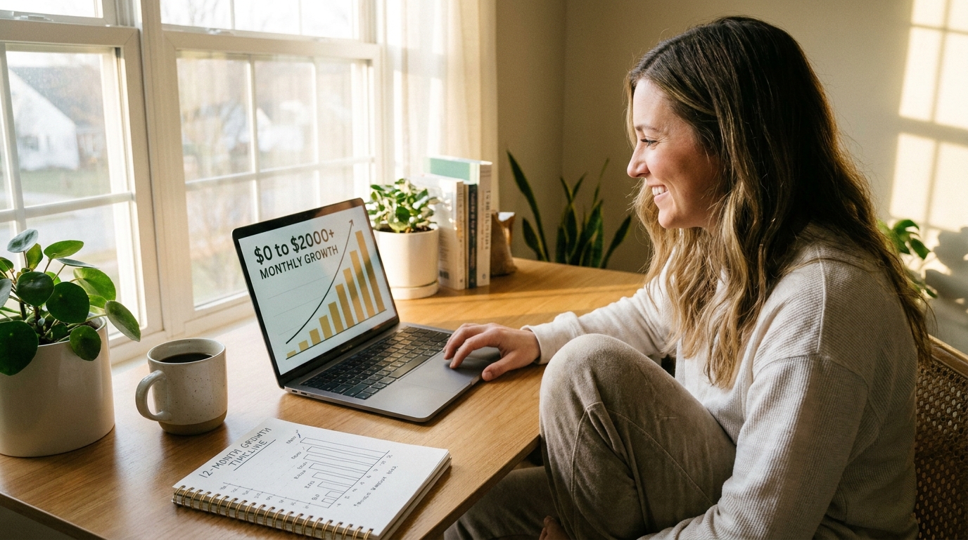 Blogger reviewing income growth chart on laptop showing $0 to $2000 per month growth with timeline notebook beside them
