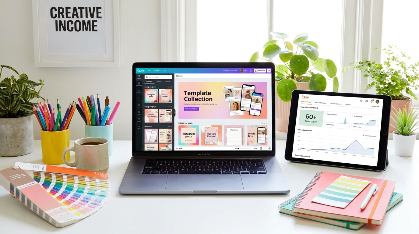 Designer working in Canva on laptop with template collection visible alongside tablet showing Etsy seller dashboard with 50+ sales in colorful creative workspace