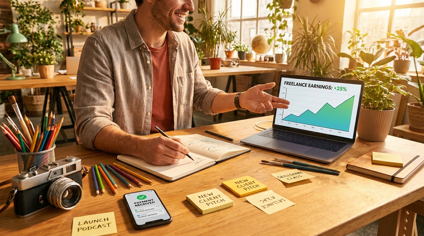 Creative entrepreneur at vibrant workspace sketching ideas in notebook while laptop shows growing freelance income dashboard