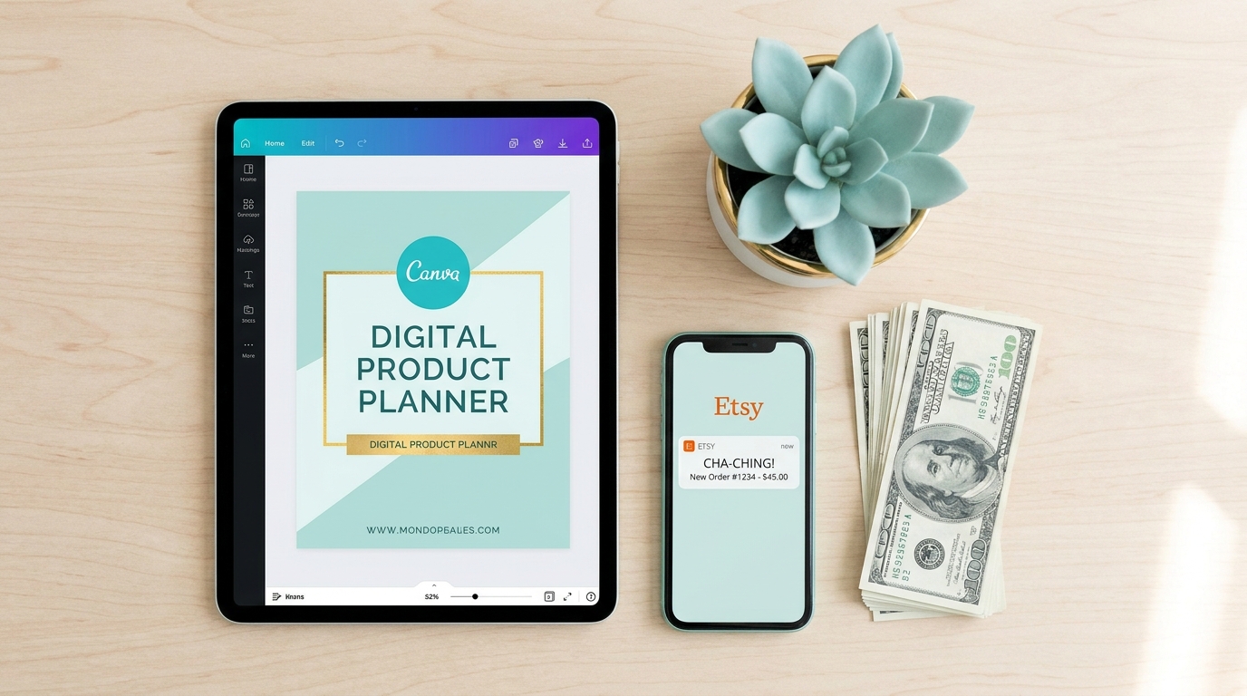 Flat lay showing Canva design on tablet, Etsy sale notification on phone, growing plant and dollar bills on light wood surface