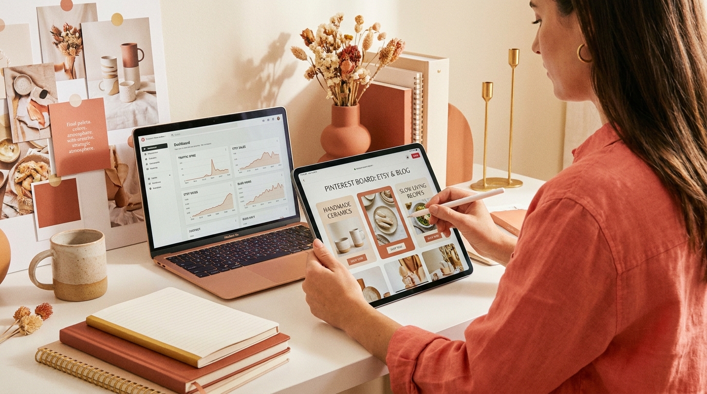 Creator designing vertical Pinterest pins on tablet with analytics dashboard on laptop showing traffic spikes from Pinterest strategy