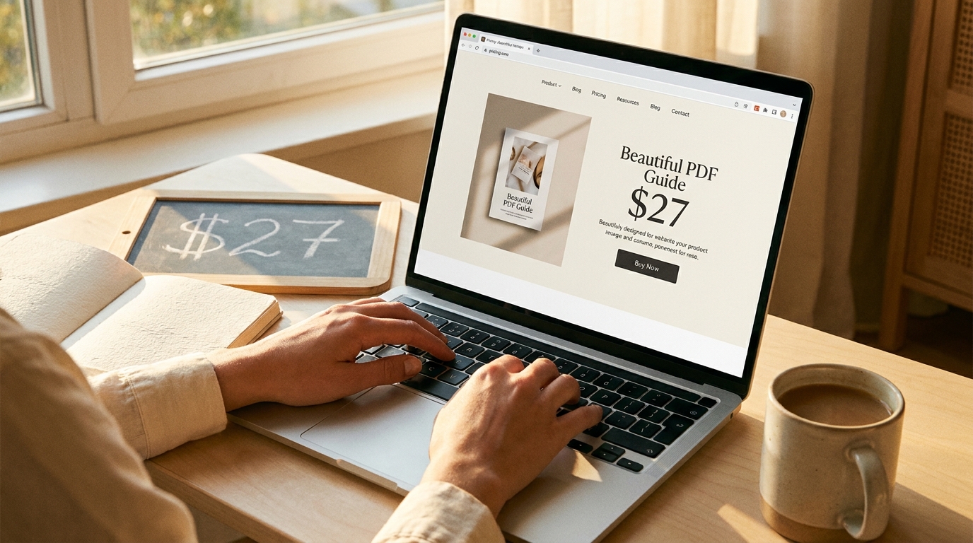 Person typing on laptop showing digital product listing at $27 with a small chalkboard showing the price beside them