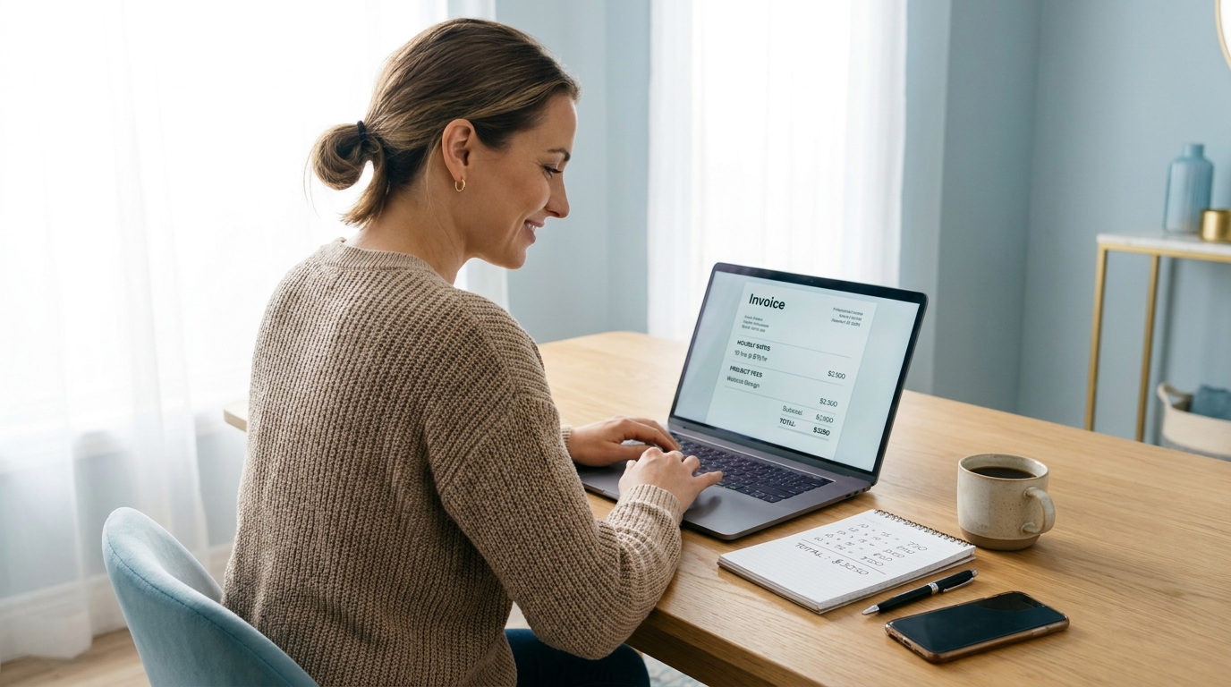 Freelancer at minimal desk reviewing invoice on laptop with rate calculations written in notebook beside them