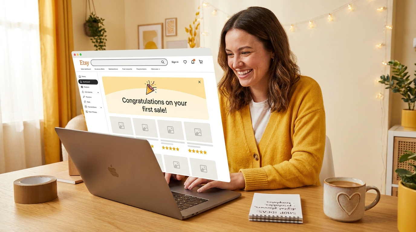 Cheerful person seeing first Etsy sale congratulations notification on laptop in warm home office setting