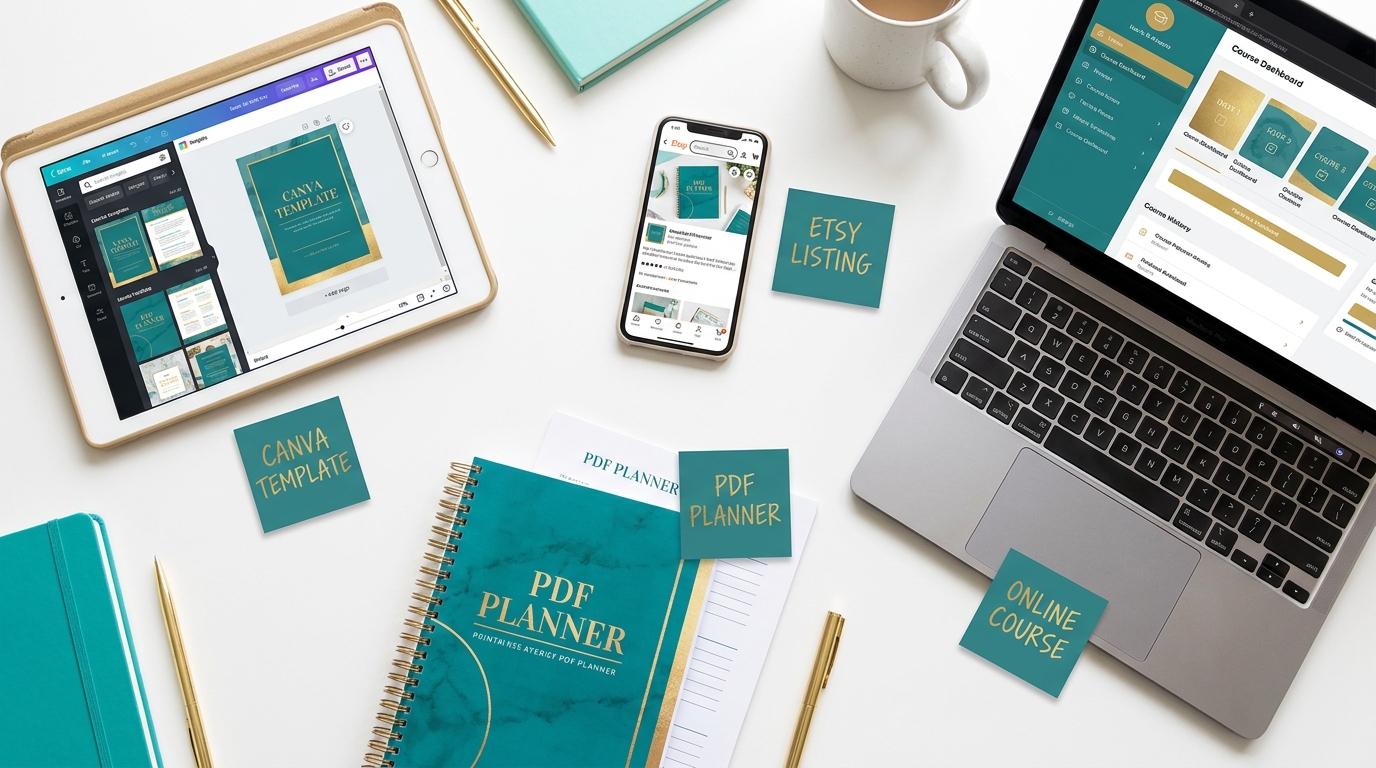 Flat lay of digital product types including Canva template on tablet, Etsy listing on phone, printed PDF planner, and online course dashboard on laptop with sticky note labels