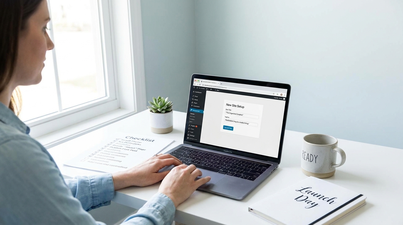 Blogger at clean minimal desk with laptop showing WordPress setup screen, printed checklist, Launch Day notebook and coffee mug