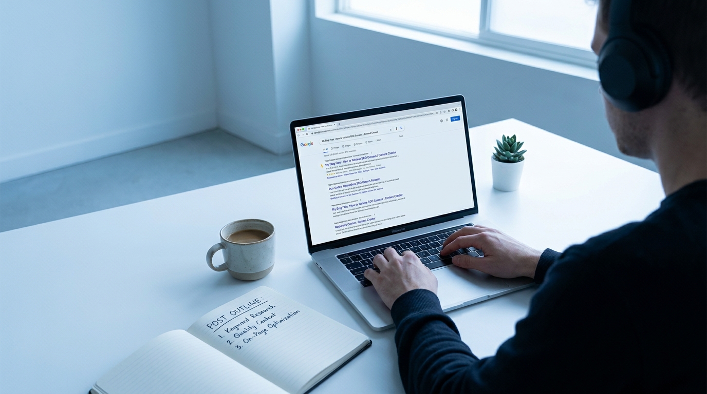 Content creator at minimal desk writing blog post on laptop with Google search results and notebook with post outline beside them