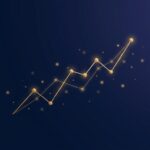 Gold ascending line graph on navy background symbolizing freelance career growth