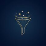 Gold funnel with light particles on navy background