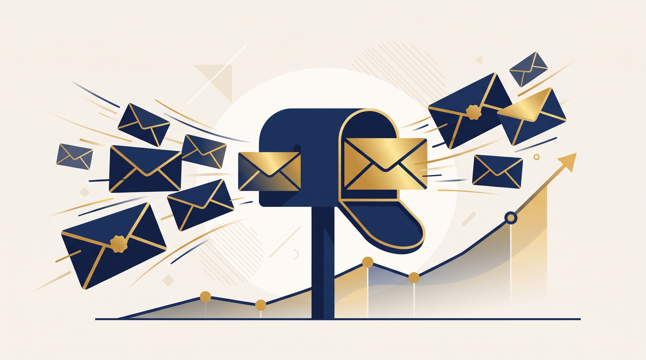 Illustrated email envelopes flowing to a mailbox with rising subscriber trend