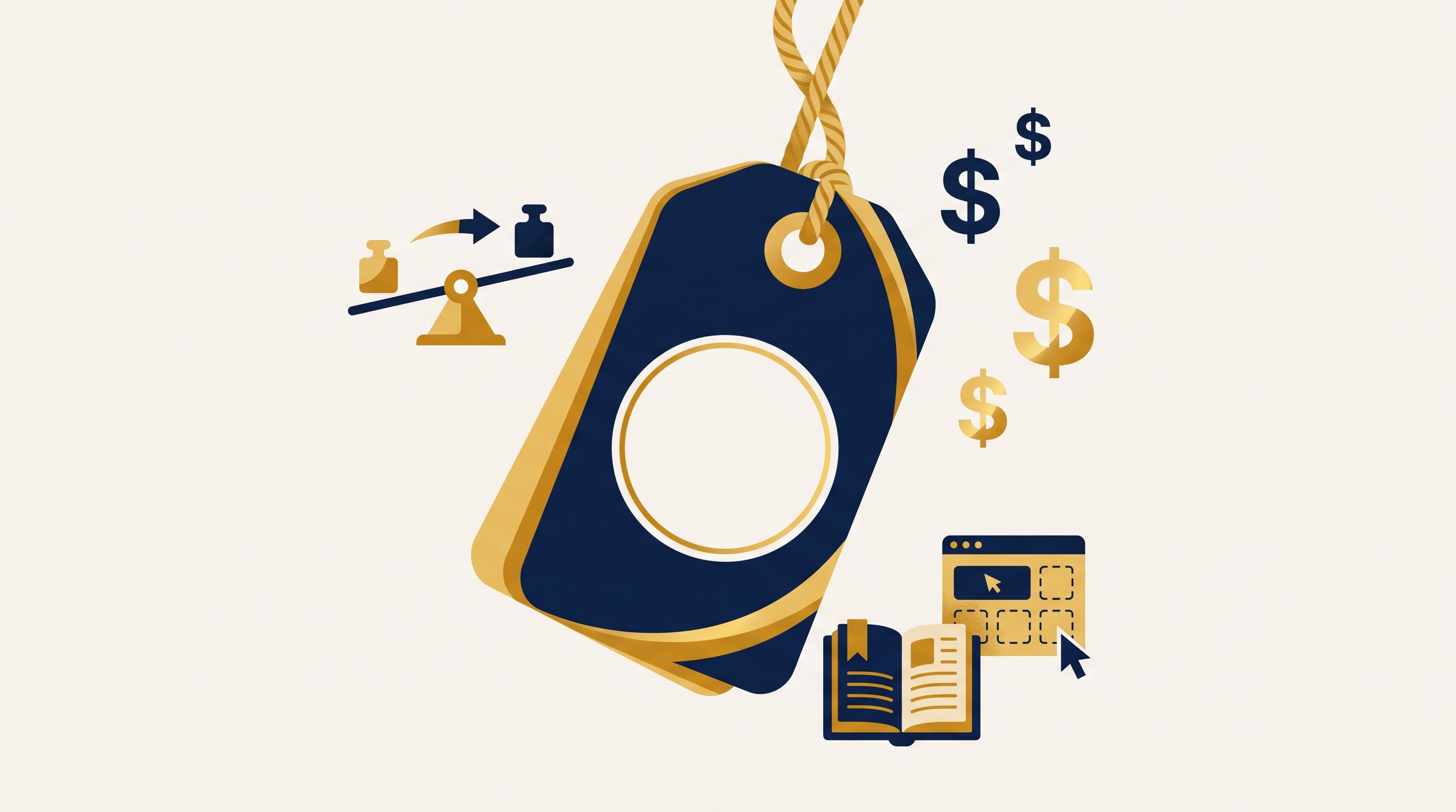 Illustrated navy and gold price tag with digital product icons around it