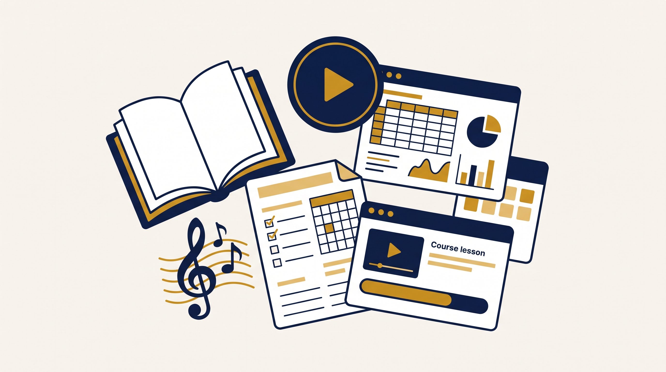 Assortment of digital product types: ebook, video, template, printable, course