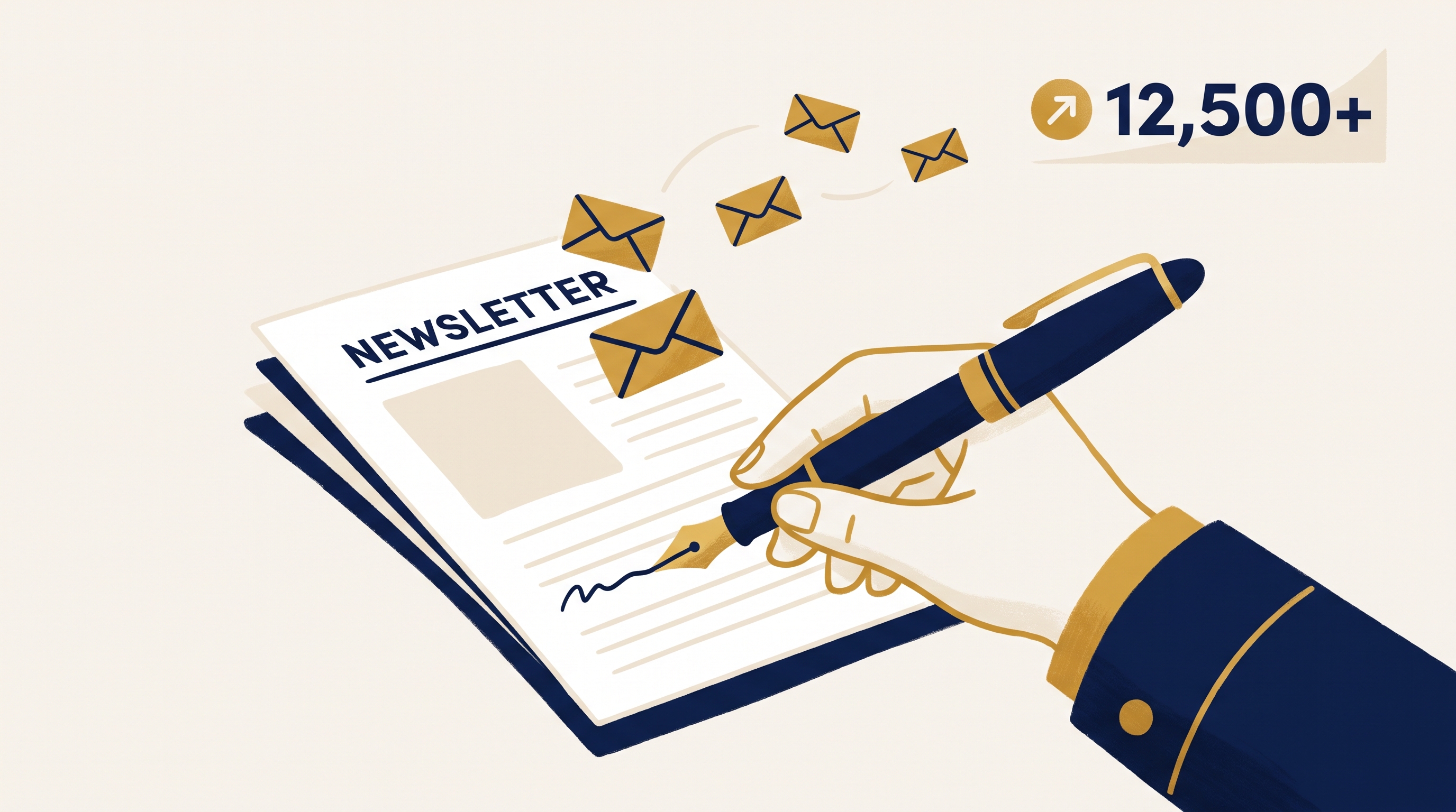 Hand writing a newsletter with envelopes flying to subscribers