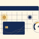 Navy credit card overlaid on a calendar showing statement close date vs due date, with a utilization gauge
