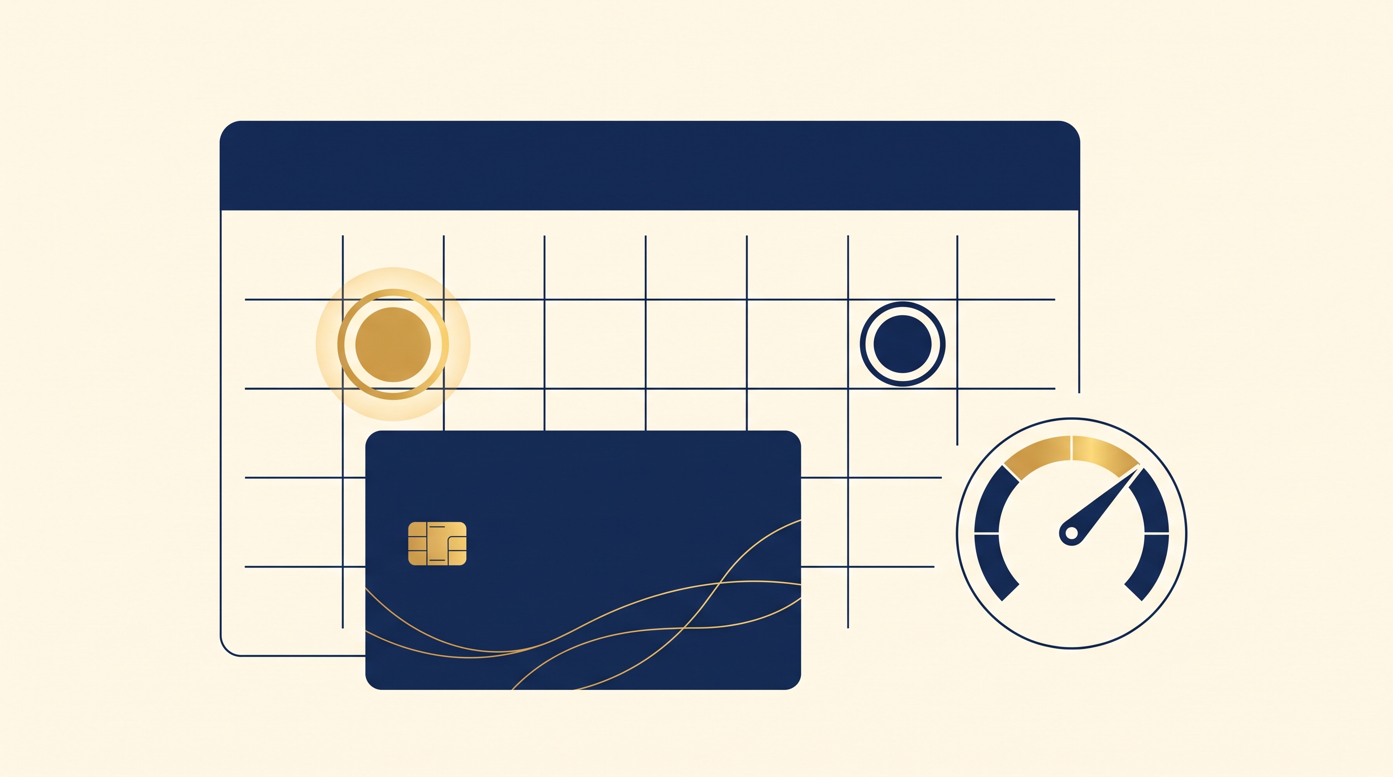 Navy credit card overlaid on a calendar showing statement close date vs due date, with a utilization gauge